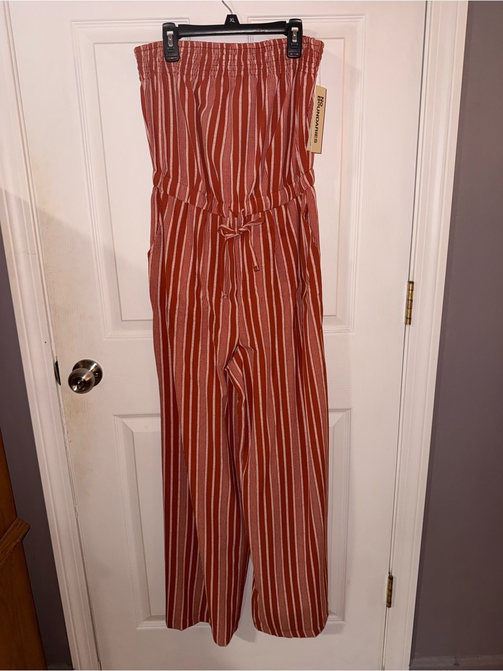 No Boundaries Rust and Cream Strapless Wide-Leg Jumpsuit